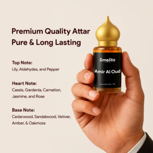 Specification of Attar (features layout) Smelito Amir Al Oud Attar specifications – long lasting, alcohol-free, natural perfume oil details