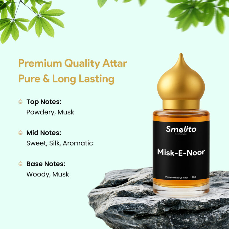 Fragrance pyramid for Misk-E-Noor showing top, mid, and base notes. Fragrance pyramid for Misk-E-Noor showing top, mid, and base notes.