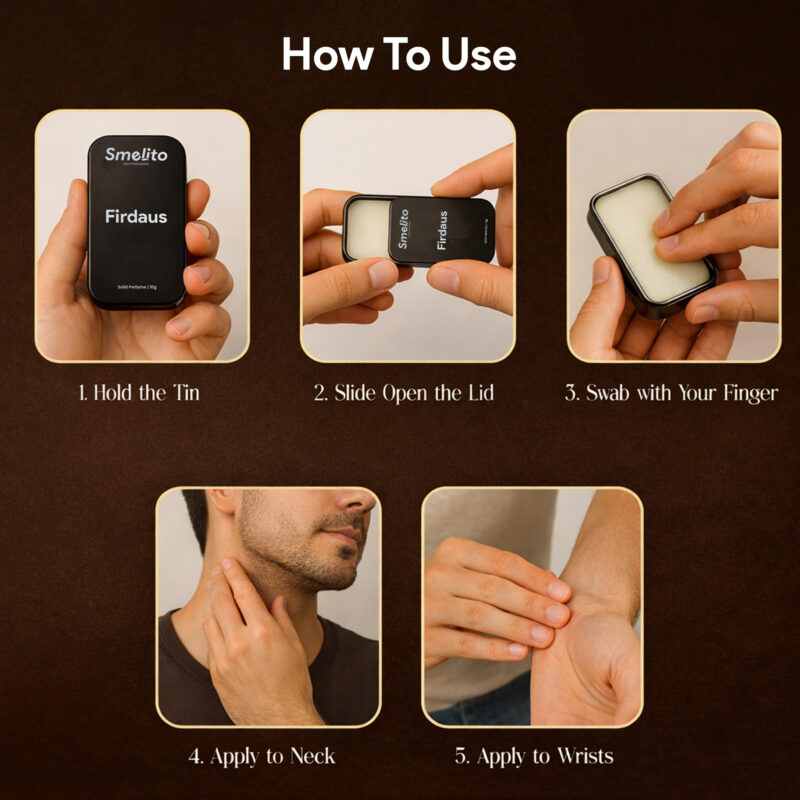How to use Smelito Firdaus solid perfume on neck and wrists How to use Smelito Firdaus solid perfume on neck and wrists